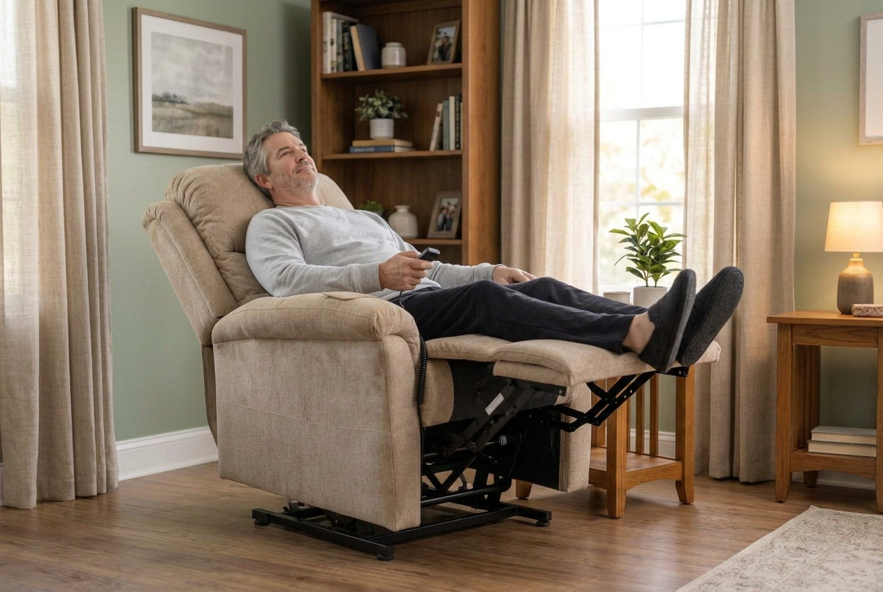 A man relaxing in a reclined lift chair at home with the footrest raised