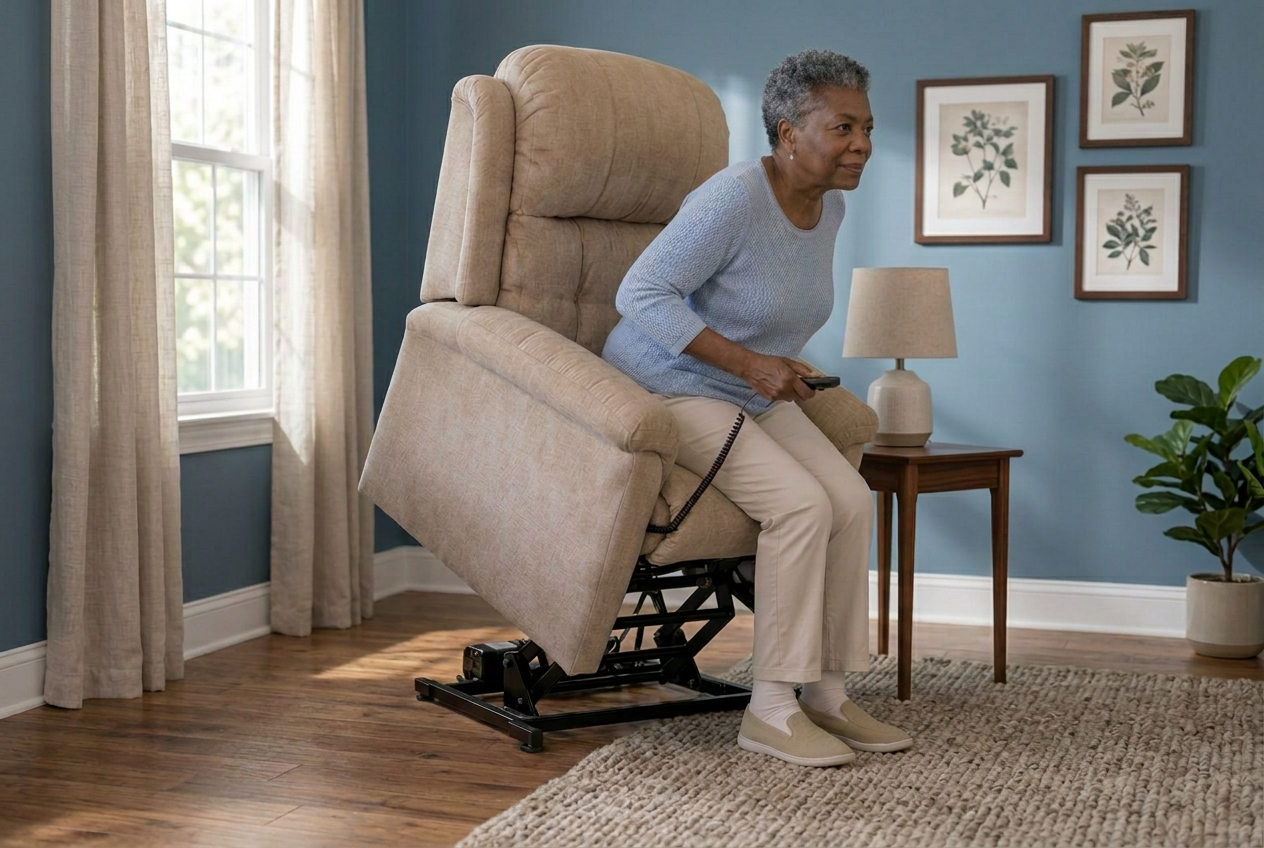 An older woman using the lift chair's raised, forward-tilted position to help her stand