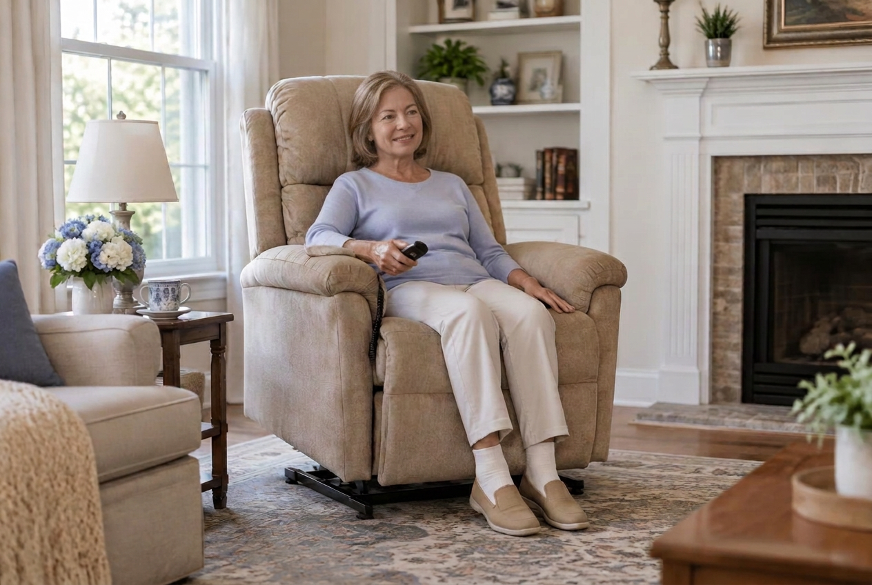 An older woman seated in a lift recliner at home, holding the chair's remote